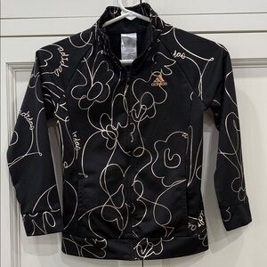 Adidas Black Jacket with rosegold floral pattern girls small (7/8) Tricot track